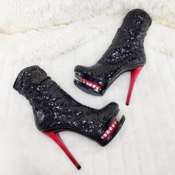 Pleaser Sexy Black Sequin Red High Heel Slouch Ankle Boots Blondie 1009 - Picture 12 of 15